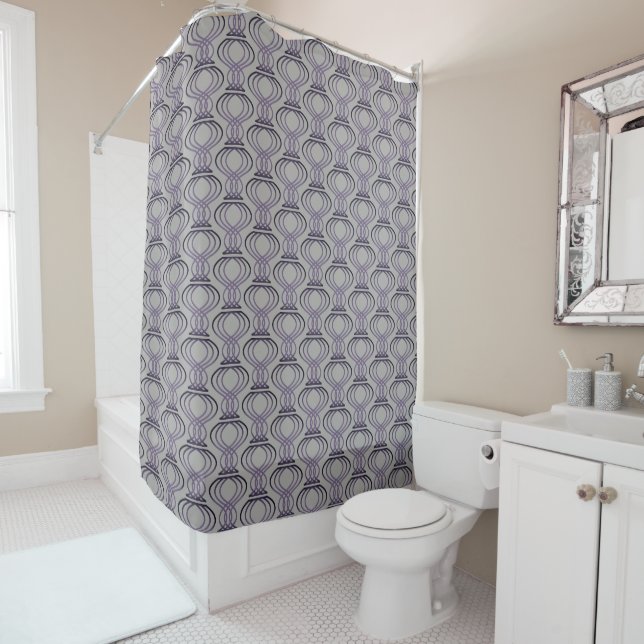 Burnt Purple and Silver Finial Pattern Shower Curtain (In Situ)