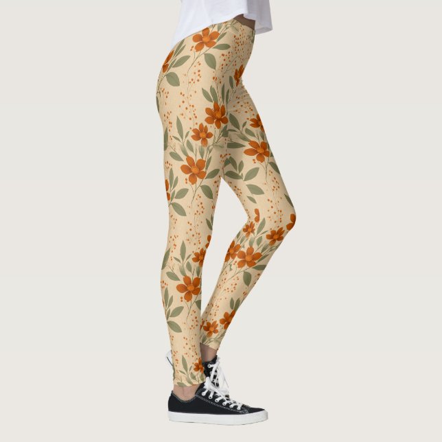 Burnt Sienna and Honey Gold Minimalist Floral Leggings (Right)