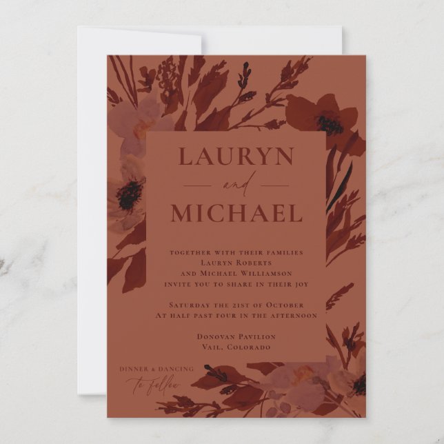 Burnt Sienna Autumn Watercolor Blooms Wedding Invitation (Front)