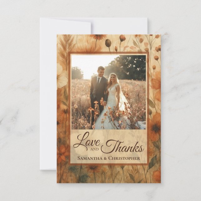 Burnt Sienna Boho Wildflowers Photo & Note Wedding Thank You Card (Front)