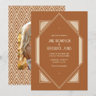 Burnt Sienna & Desert Taupe Art Deco Wedding Photo Invitation