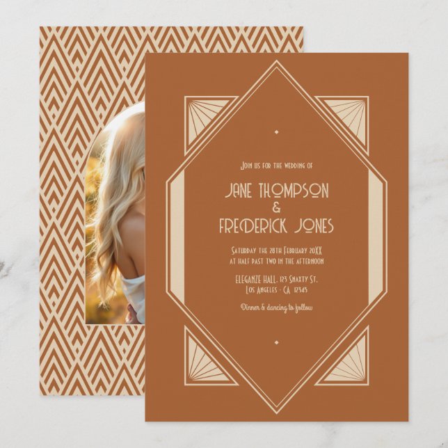 Burnt Sienna & Desert Taupe Art Deco Wedding Photo Invitation (Front/Back)