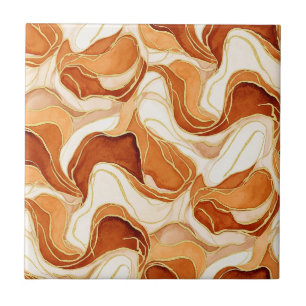 Burnt Sienna Gold Marble Abstract Fluid Tile
