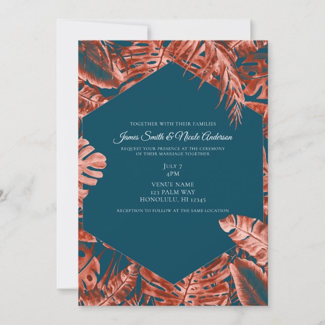 Burnt Sienna & Teal Tropical Palm Leaves Wedding Invitation (Front)