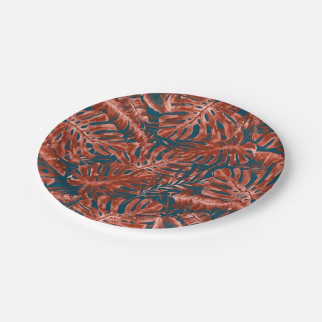 Burnt Sienna & Teal Tropical Palm Leaves Wedding Paper Plate (Angled)