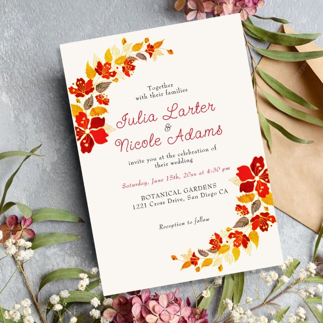 Burnt Tropical Hibiscus Florals Photo Wedding Invitation (Creator Uploaded)