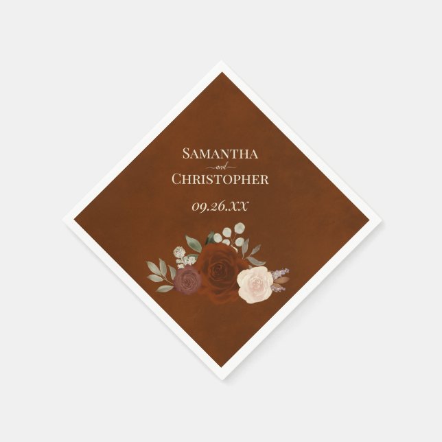 Burnt Umber Boho Floral Diagonal Wedding Napkin (Corner)