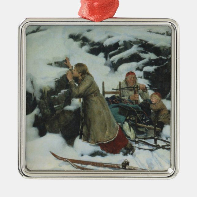 Burnt Village in Winter (by Albert Edelfelt) Metal Tree Decoration (Front)