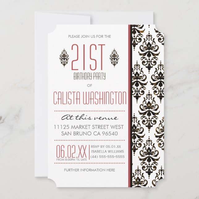 Burnt Vintage Damask 21st Birthday Party Invitation (Front)