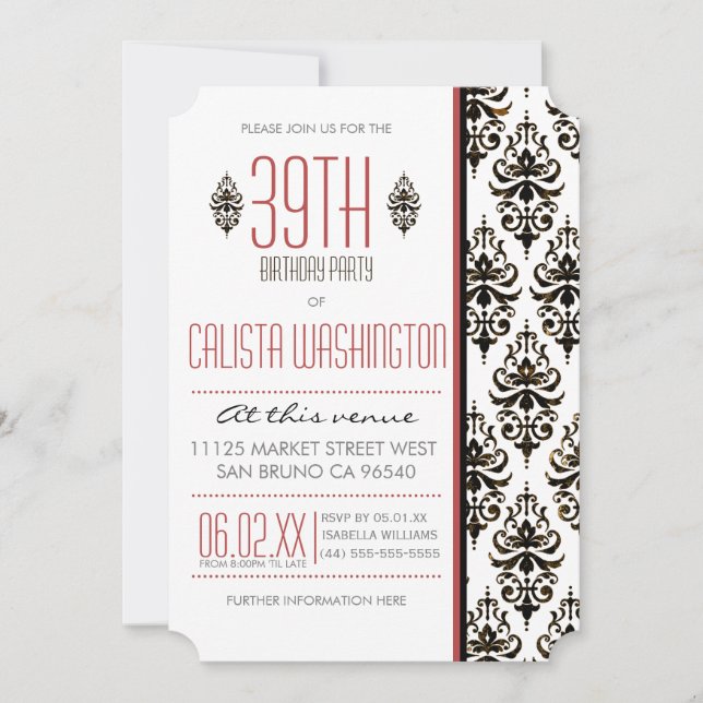 Burnt Vintage Damask 39th Birthday Party Invitation (Front)