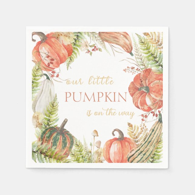 Burnt Watercolor Pumpkin Fall Floral Baby Shower  Napkin (Front)