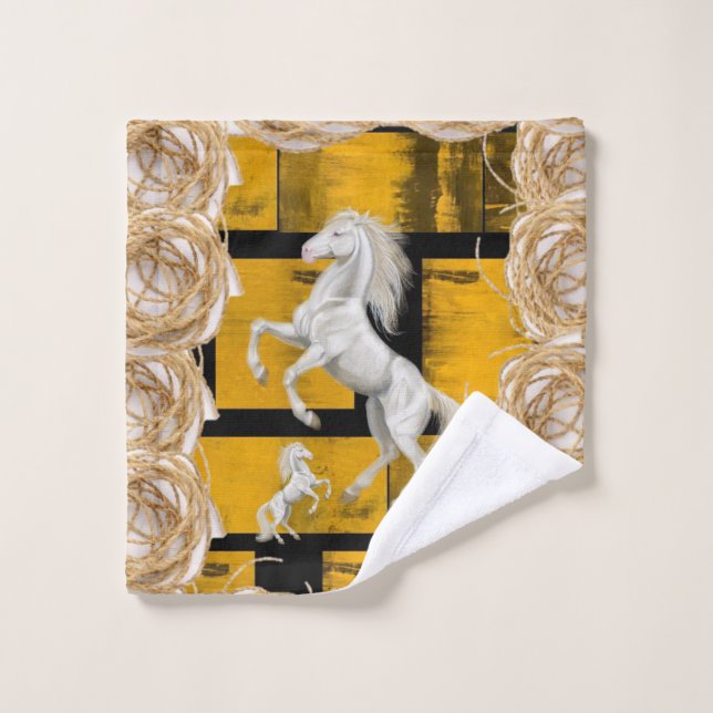 Burnt Yellow Black Bathroom Towel Sets White Horse (Wash Cloth)
