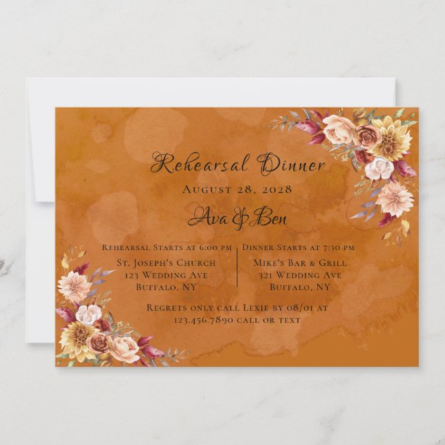Burrntt Orange Dahlia Flower Rehearsal Dinner Invitation (Front)