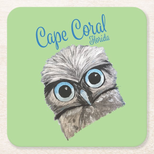 Burrowing Owl Coastal Art Cape Coral Florida Square Paper Coaster (Front)
