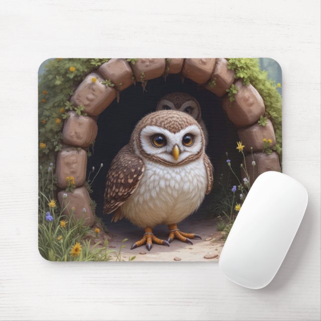 Burrowing Owls In a Cave Mouse Mat (With Mouse)