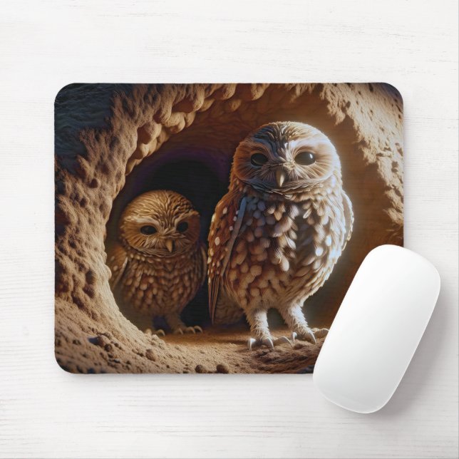 Burrowing Owls In Sand Burrow Mouse Mat (With Mouse)