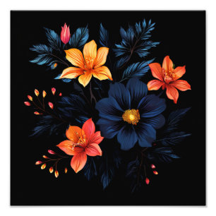 Burst of Brilliance: Floral Abstract on Black Photo Print
