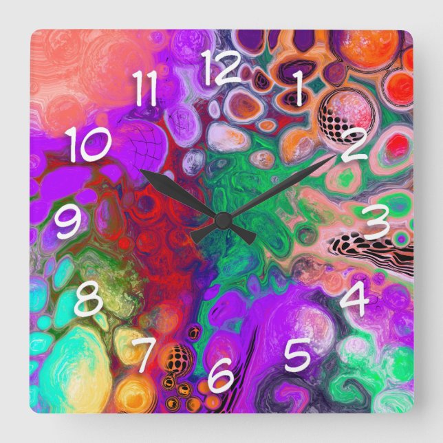 Burst of Colors Digital Fluid Art Square Wall Clock (Front)