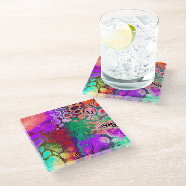 Burst of Colours Digital Fluid Art   Glass Coaster (Angled)