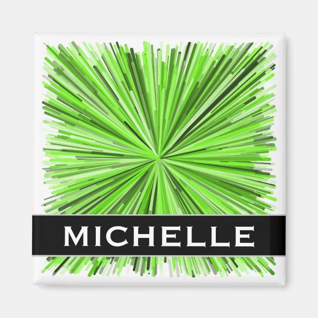 Burst of Green Lines Pattern + Custom Name Magnet (Front)