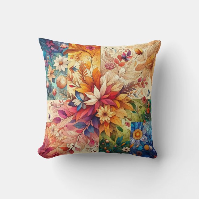 “Burst of Nature: Symmetrical Floral Illustration” Cushion (Front)