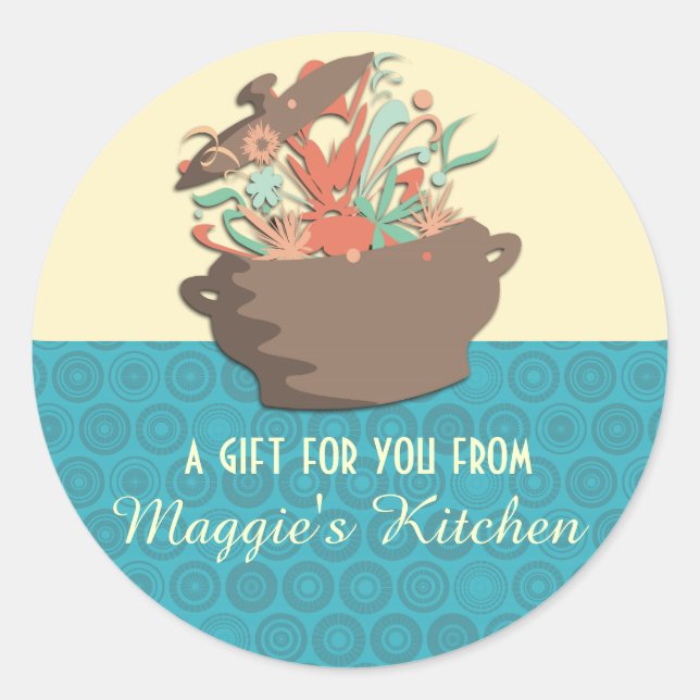 Bursting aromas cooking pot chef catering card classic round sticker (Front)