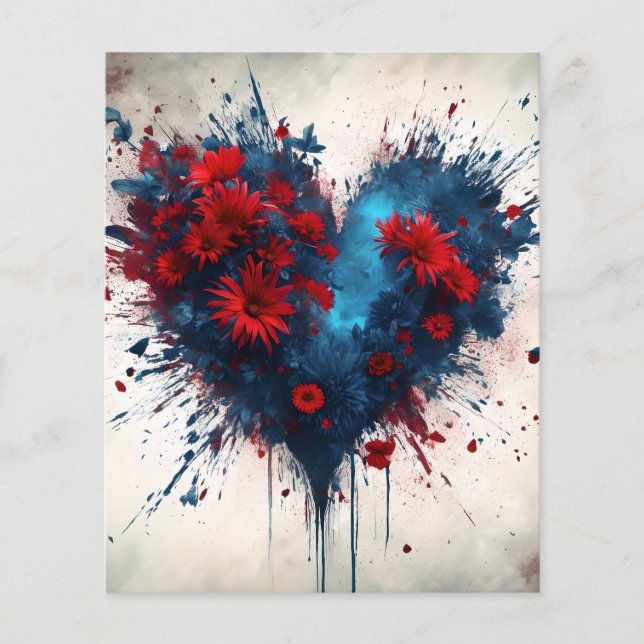 Bursting Blue Heart with Red Flowers (Front)