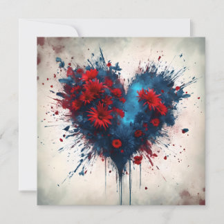 Bursting Blue Heart with Red Flowers