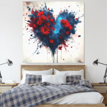Bursting Blue Heart with Red Flowers