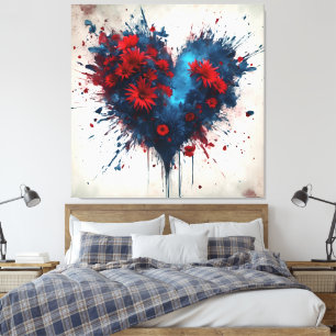Bursting Blue Heart with Red Flowers Canvas Print