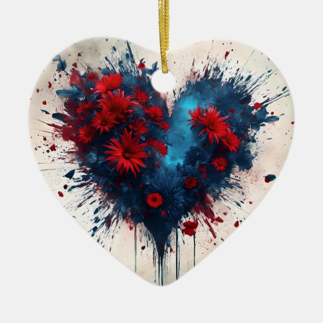 Bursting Blue Heart with Red Flowers Ceramic Tree Decoration (Front)