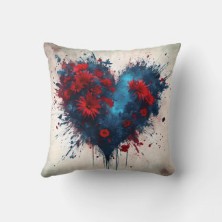 Bursting Blue Heart with Red Flowers Cushion