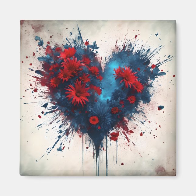 Bursting Blue Heart with Red Flowers Magnet (Front)