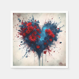 Bursting Blue Heart with Red Flowers Napkin