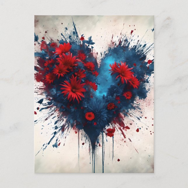 Bursting Blue Heart with Red Flowers Postcard (Front)