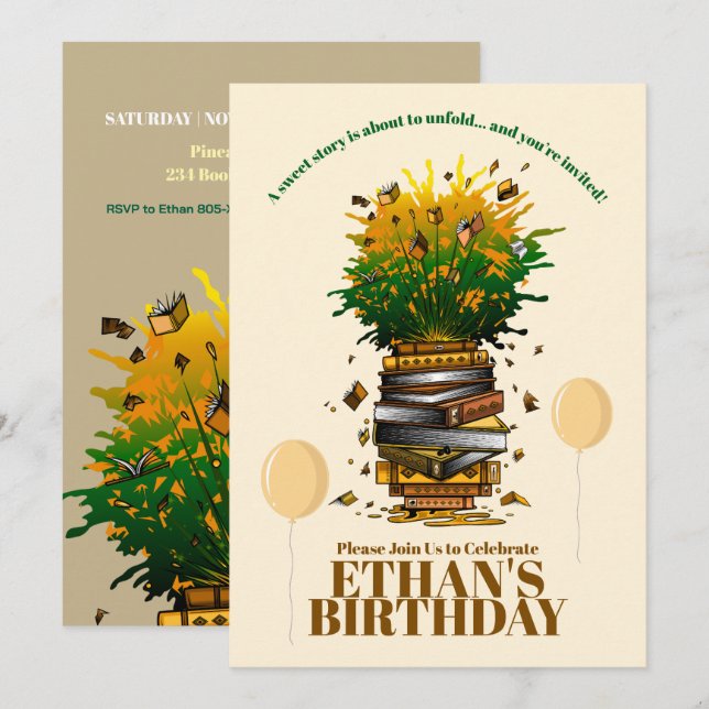 Bursting with Books Birthday Party Invitation (Front/Back)