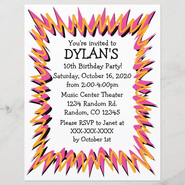 Bursts theme birthday party flyer invitations (Front)