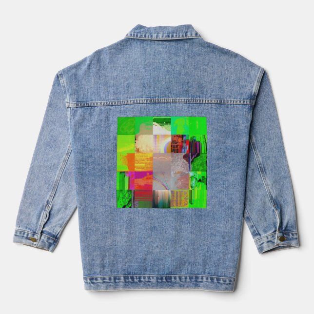 Bus 1521 Abstract Glitch Art Cyberpunk Grid  Denim Jacket (Back)