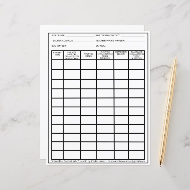 Bus Driver Student List Printable Contact Info (Front/Back In Situ)