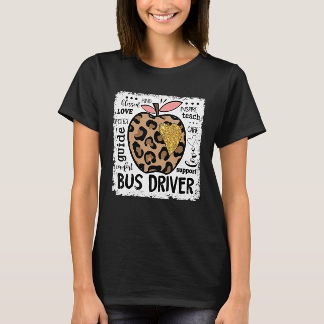 Bus Driver Teacher Leopard Apple Love Team Back To T-Shirt (Front)