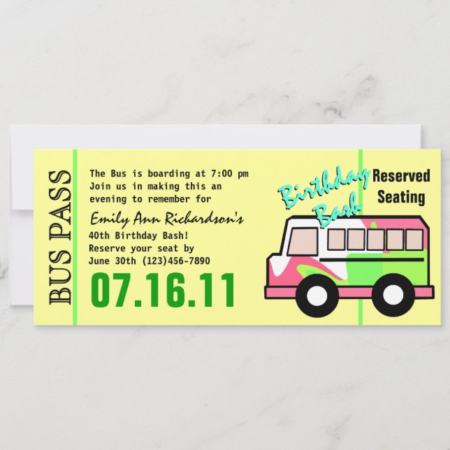Bus Pass Birthday Party Invitation (Front)