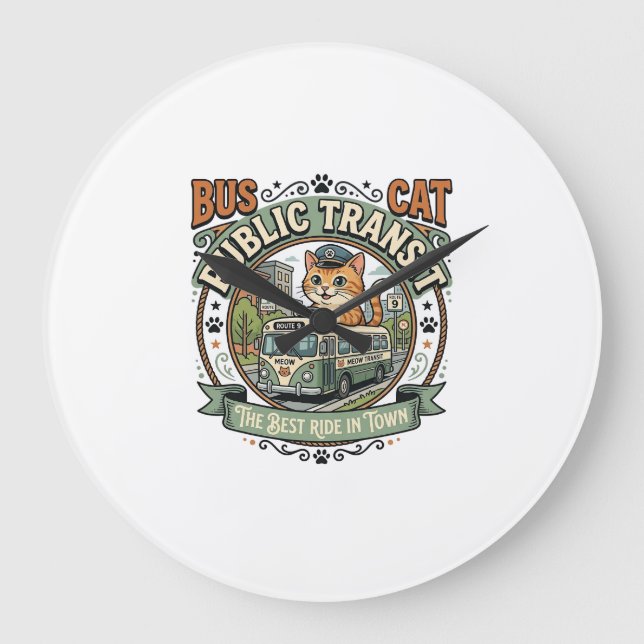 Bus Public Transit Cat Bus Public Transit Cat Vint Large Clock (Front)