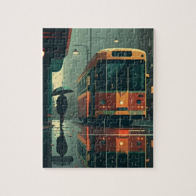 Bus stop and lonely passenger in rainy city street jigsaw puzzle (Vertical)