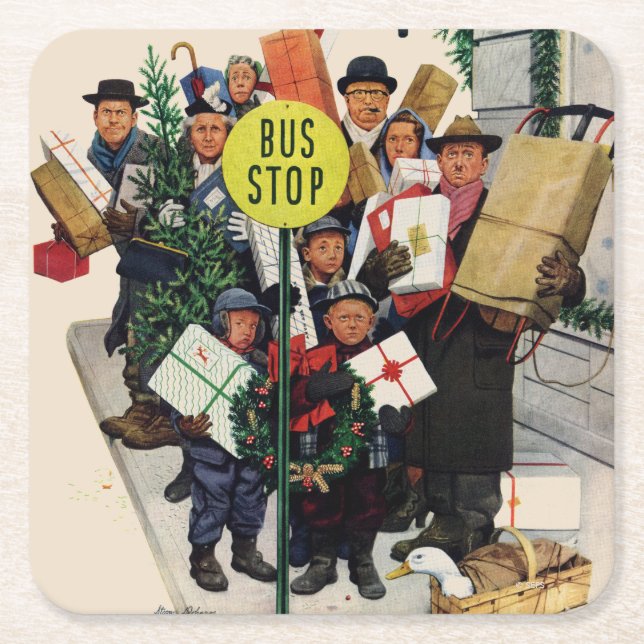 Bus Stop at Christmas Square Paper Coaster (Front)