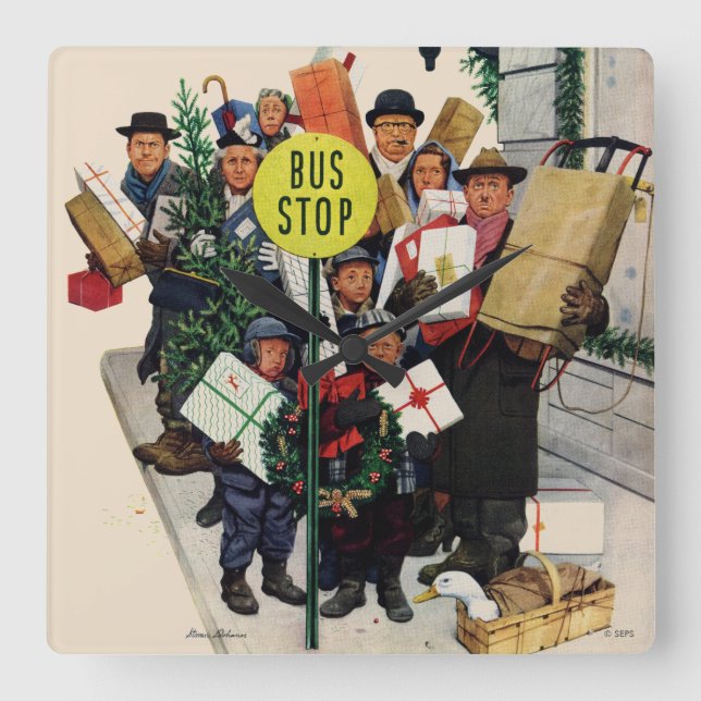 Bus Stop at Christmas Square Wall Clock (Front)