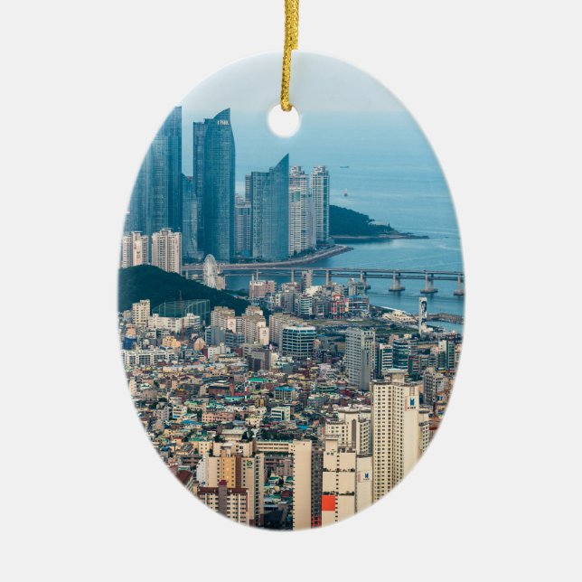 Busan city Skyline. Yeongnam province, South Korea Ceramic Tree Decoration (Front)