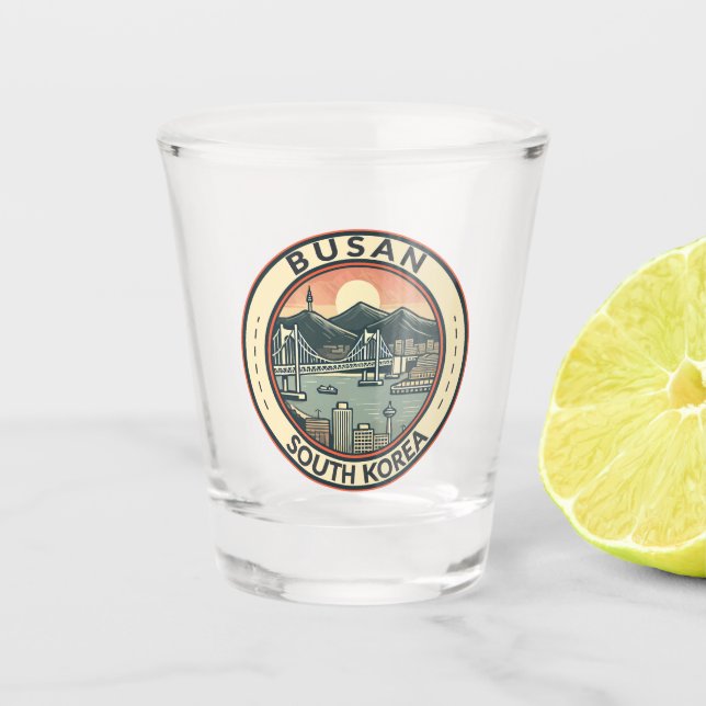 Busan South Korea Bridge Travel Art Badge Shot Glass (Front)