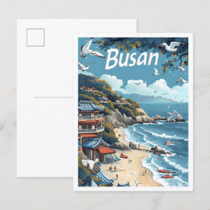 Busan South Korea Vintage Art Travel Illustration Postcard