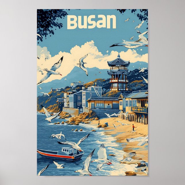 Busan South Korea Vintage Art Travel Illustration Poster (Front)