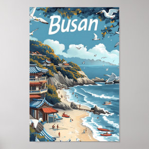 Busan South Korea Vintage Art Travel Illustration Poster